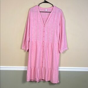 Old Navy Women’s Cotton Linen Blend Pink Red White Striped Button-Up Shirt Dress